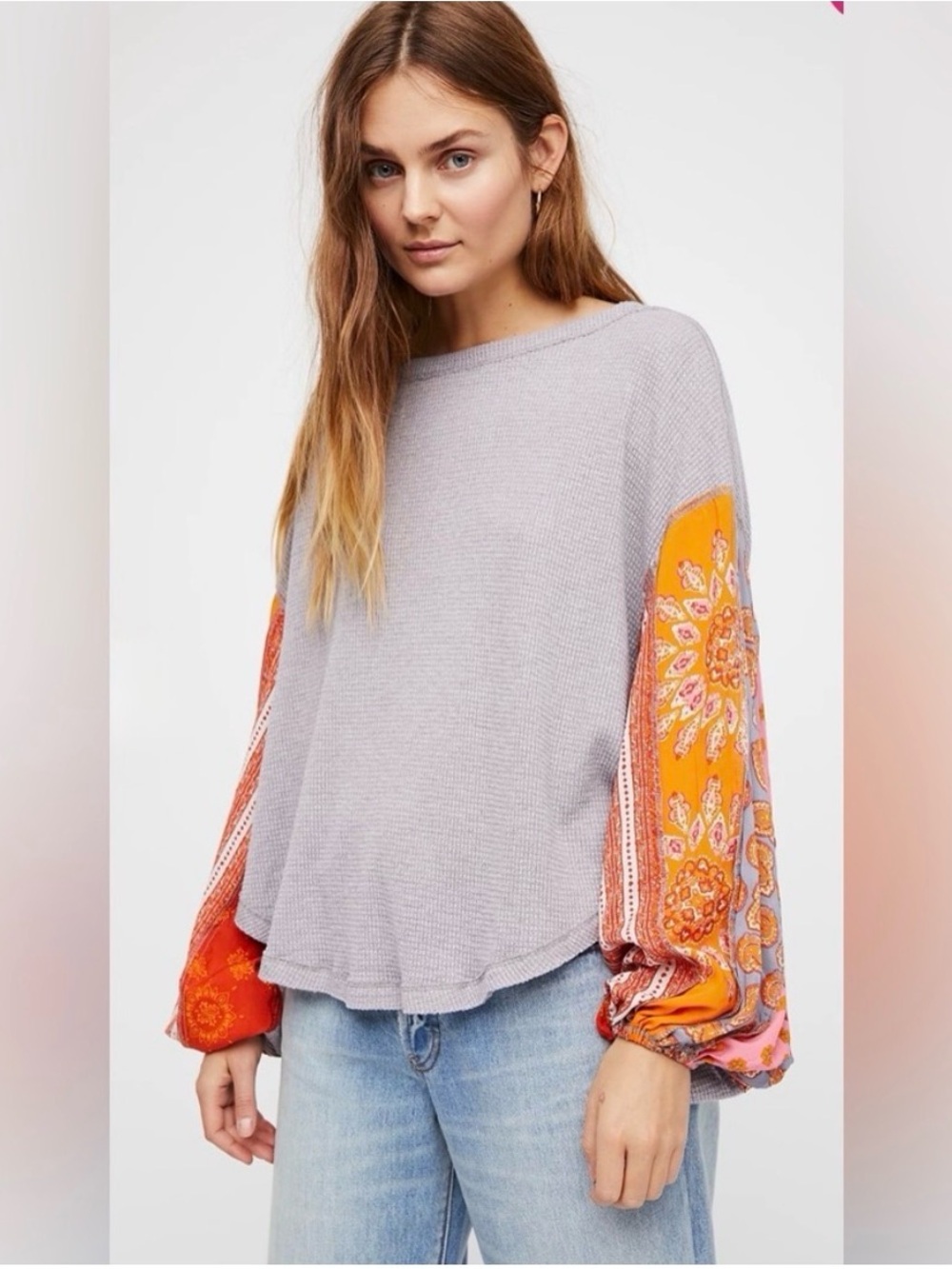 Anthropologie We The Free Boho Top Shirt Blouse with Fall Orange Sleeves Med